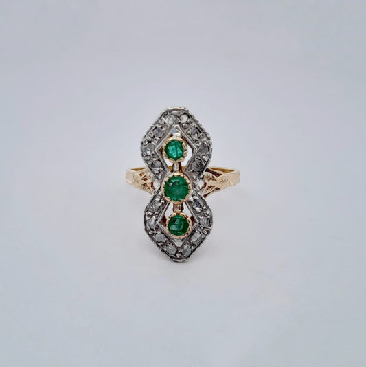 Anello Vintage in oro, argento con smeraldi e diamanti