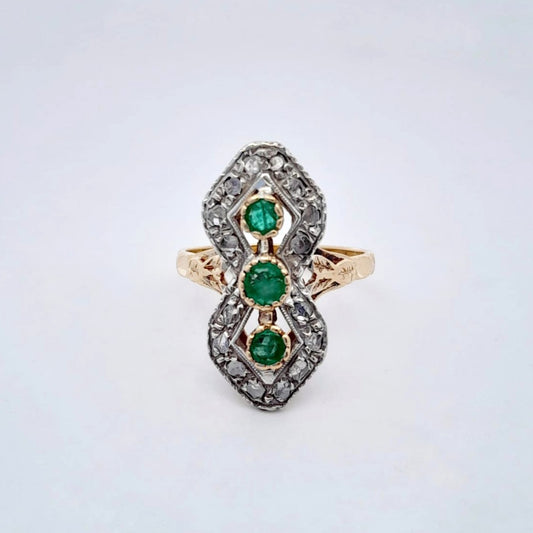 Anello Vintage in oro, argento con smeraldi e diamanti