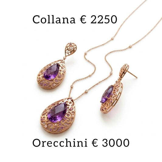 Parure collana e orecchini con diamanti e ametiste